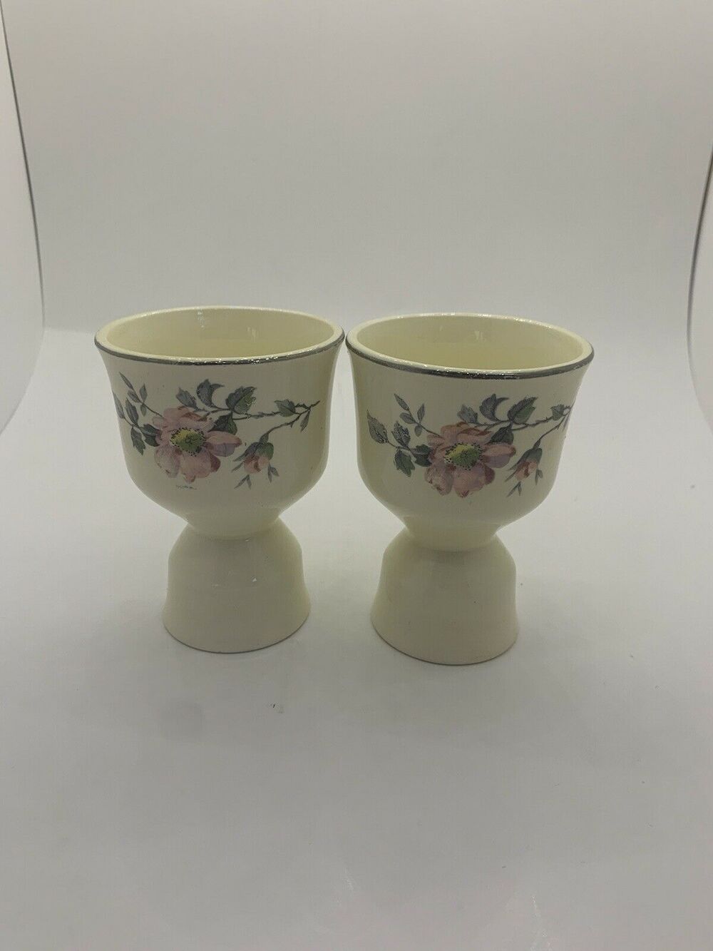 ✨ Vintage Cream Ceramic Floral Egg Cups w/ Silver Rim - Set of 2 ✨